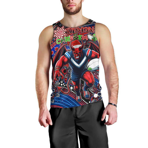 Merry Christmas AFL Demons Men Tank Top Aboriginal Santa Football Mascot