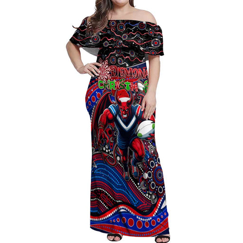 Merry Christmas AFL Demons Off Shoulder Maxi Dress Aboriginal Santa Football Mascot