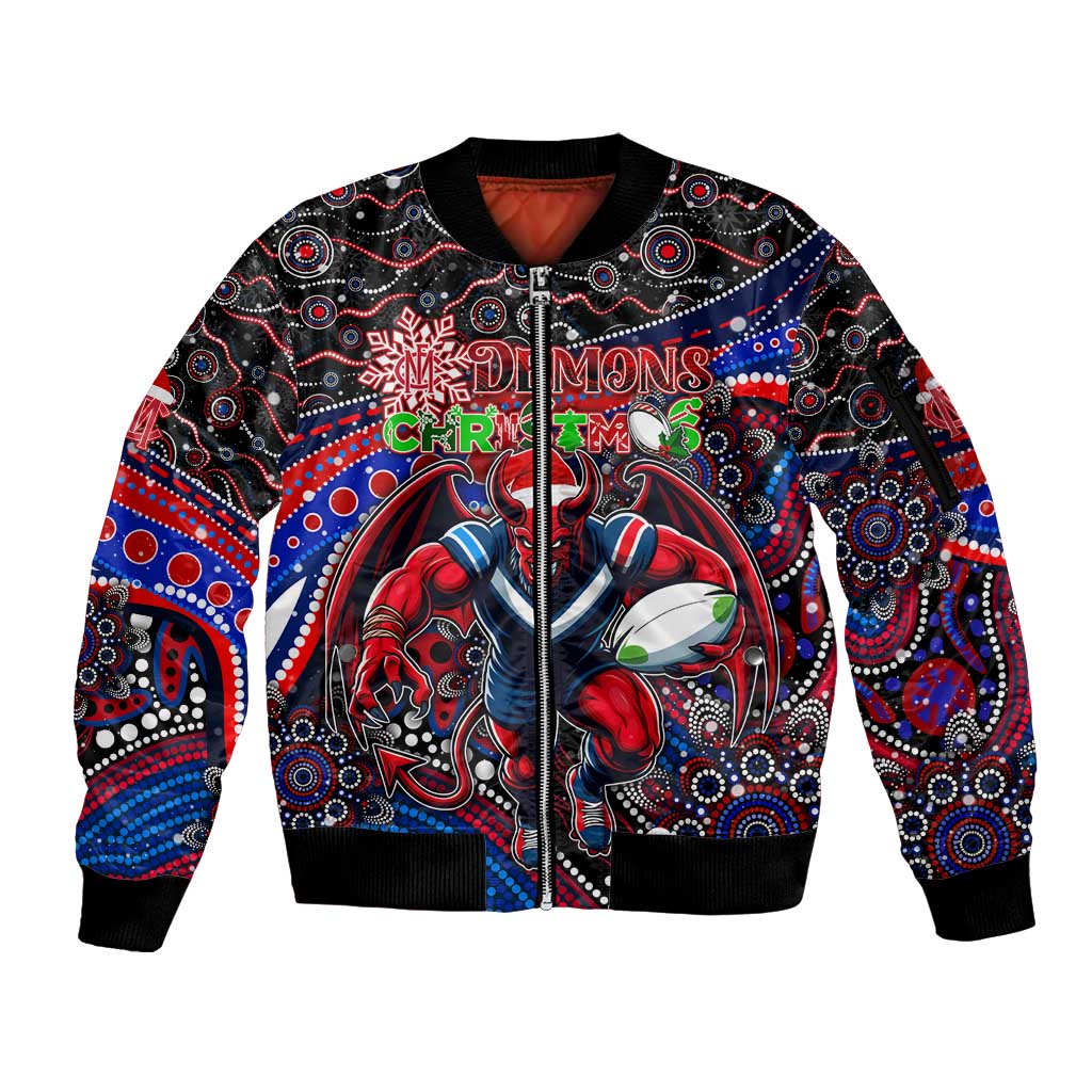 Merry Christmas AFL Demons Sleeve Zip Bomber Jacket Aboriginal Santa Football Mascot