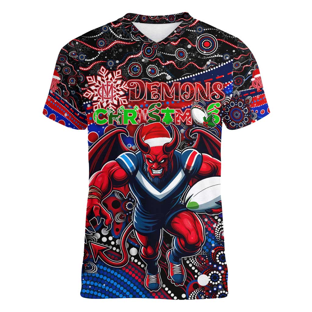Merry Christmas AFL Demons Women V-Neck T-Shirt Aboriginal Santa Football Mascot