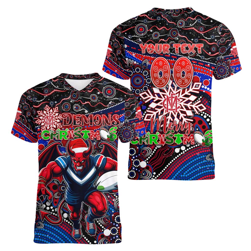 Merry Christmas AFL Demons Women V-Neck T-Shirt Aboriginal Santa Football Mascot
