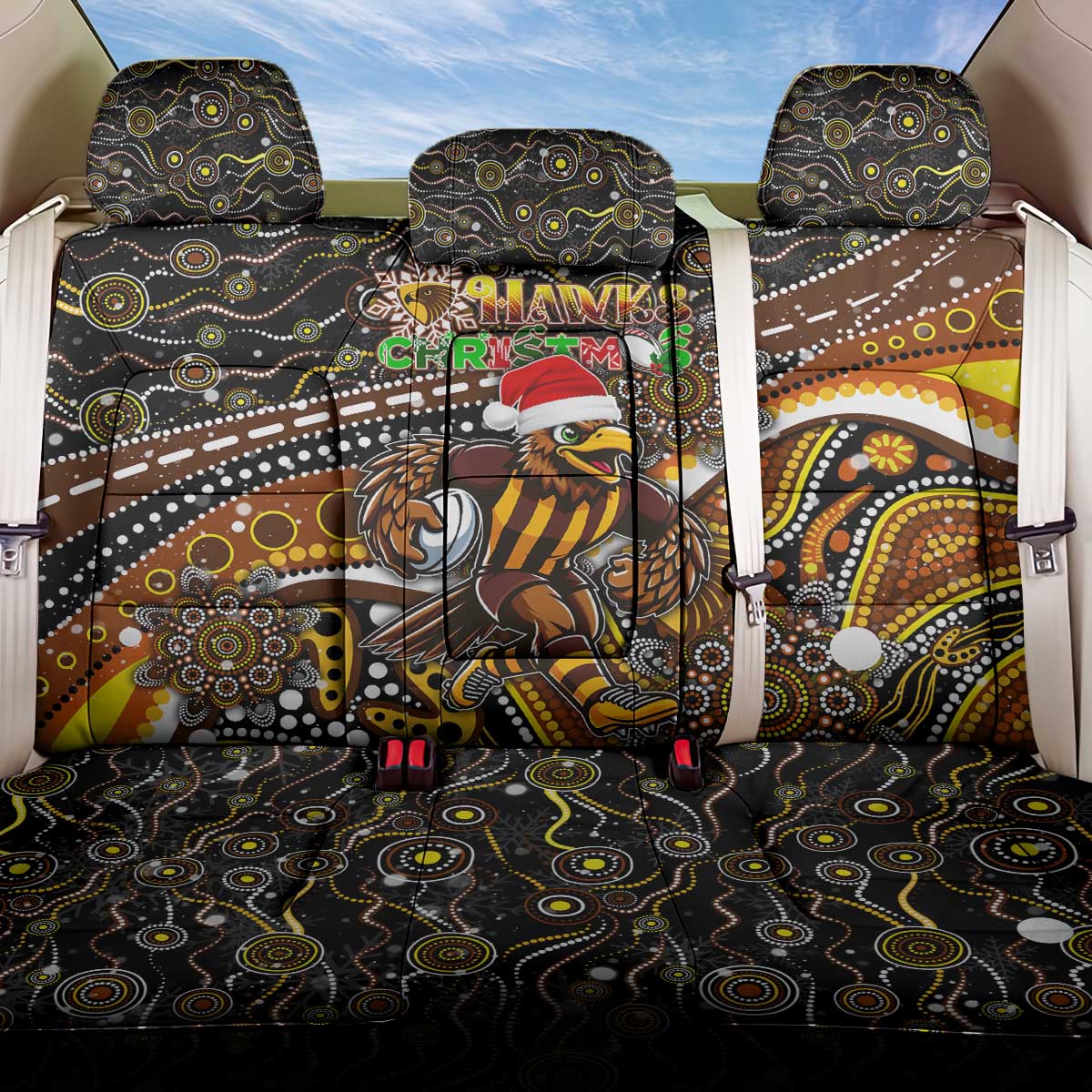 Merry Christmas AFL Hawks Back Car Seat Cover Aboriginal Santa Football Mascot