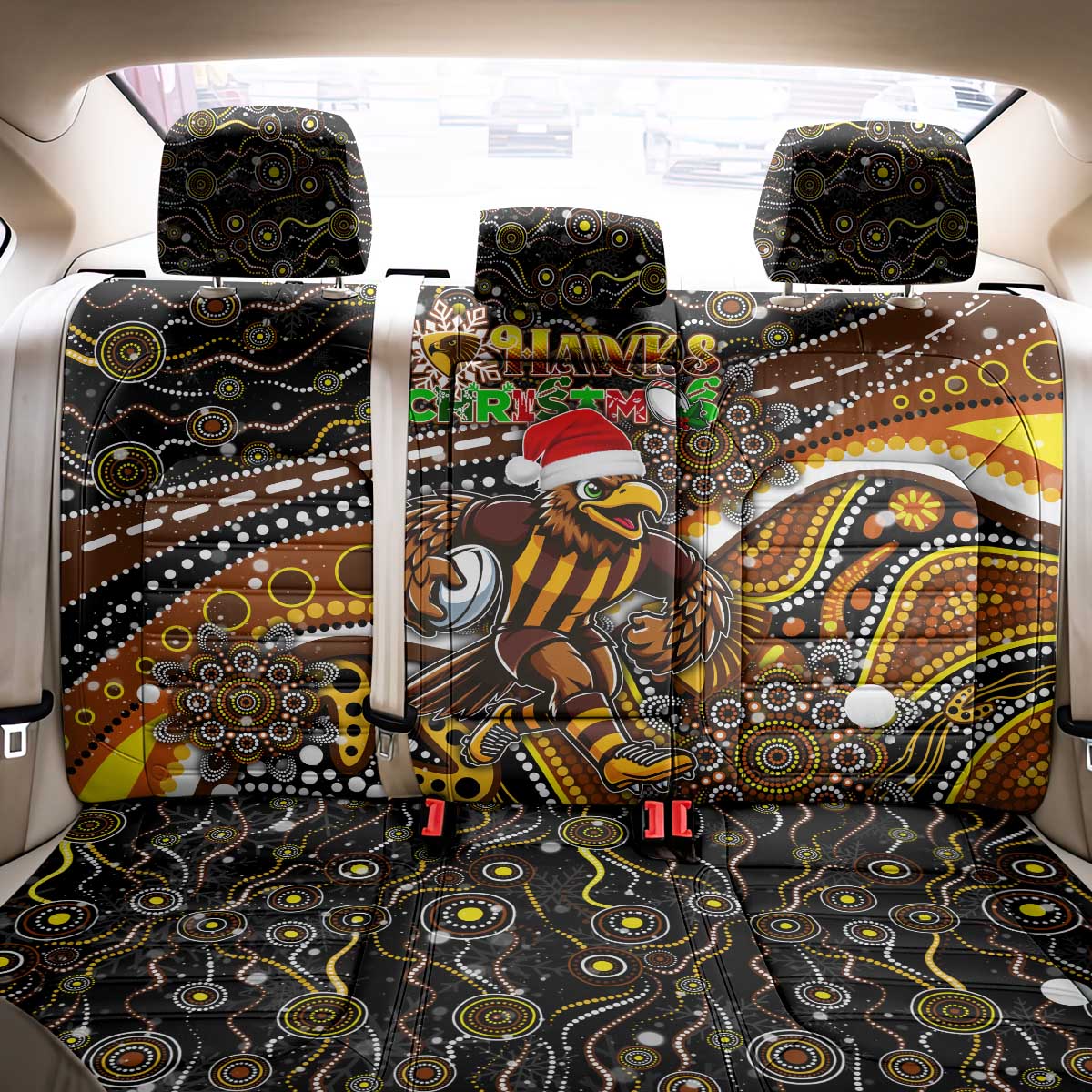 Merry Christmas AFL Hawks Back Car Seat Cover Aboriginal Santa Football Mascot