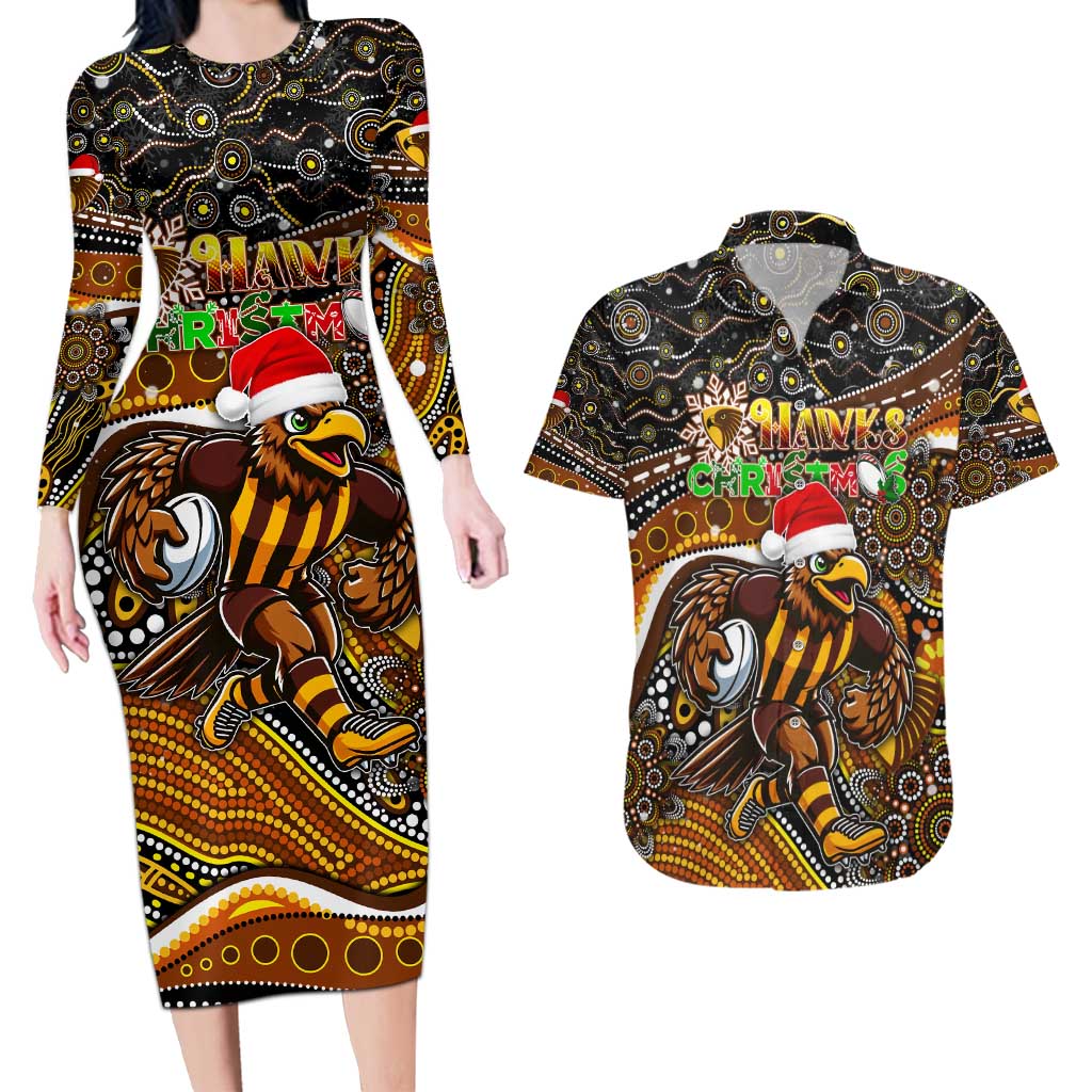 Merry Christmas AFL Hawks Couples Matching Long Sleeve Bodycon Dress and Hawaiian Shirt Aboriginal Santa Football Mascot