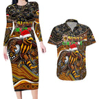 Merry Christmas AFL Hawks Couples Matching Long Sleeve Bodycon Dress and Hawaiian Shirt Aboriginal Santa Football Mascot