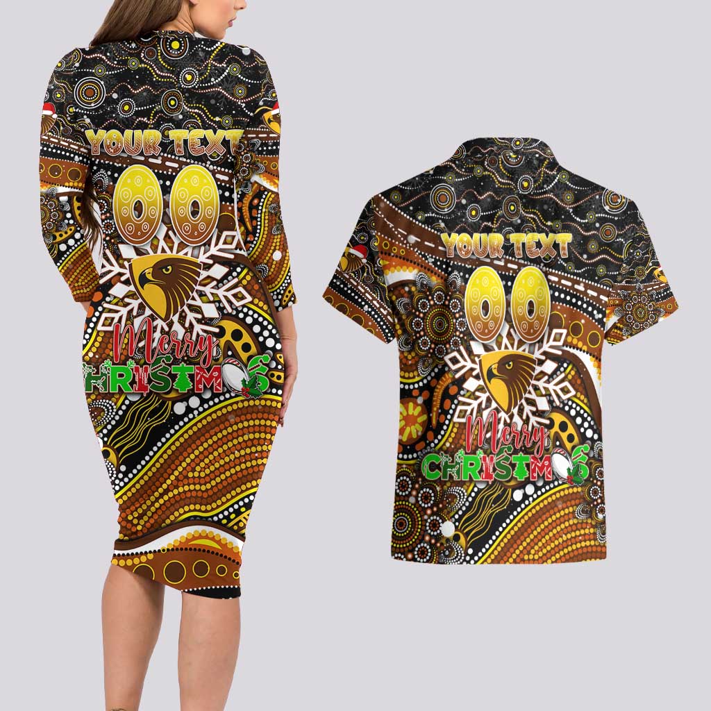 Merry Christmas AFL Hawks Couples Matching Long Sleeve Bodycon Dress and Hawaiian Shirt Aboriginal Santa Football Mascot