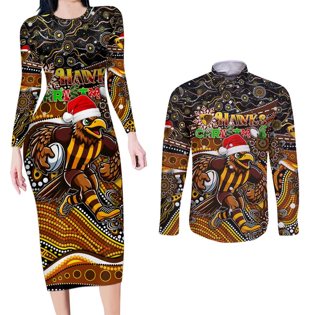 Merry Christmas AFL Hawks Couples Matching Long Sleeve Bodycon Dress and Long Sleeve Button Shirt Aboriginal Santa Football Mascot