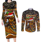 Merry Christmas AFL Hawks Couples Matching Long Sleeve Bodycon Dress and Long Sleeve Button Shirt Aboriginal Santa Football Mascot