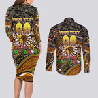 Merry Christmas AFL Hawks Couples Matching Long Sleeve Bodycon Dress and Long Sleeve Button Shirt Aboriginal Santa Football Mascot