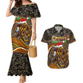 Merry Christmas AFL Hawks Couples Matching Mermaid Dress and Hawaiian Shirt Aboriginal Santa Football Mascot