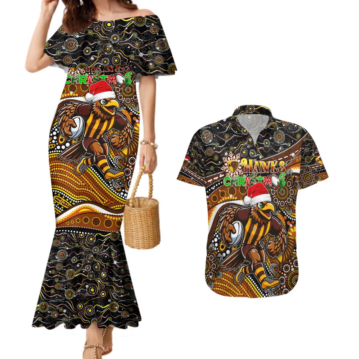 Merry Christmas AFL Hawks Couples Matching Mermaid Dress and Hawaiian Shirt Aboriginal Santa Football Mascot