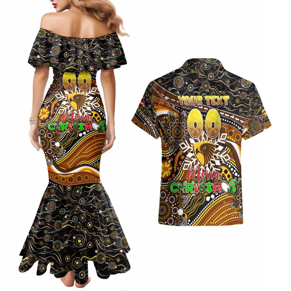 Merry Christmas AFL Hawks Couples Matching Mermaid Dress and Hawaiian Shirt Aboriginal Santa Football Mascot