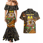 Merry Christmas AFL Hawks Couples Matching Mermaid Dress and Hawaiian Shirt Aboriginal Santa Football Mascot