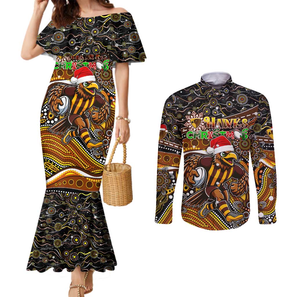Merry Christmas AFL Hawks Couples Matching Mermaid Dress and Long Sleeve Button Shirt Aboriginal Santa Football Mascot