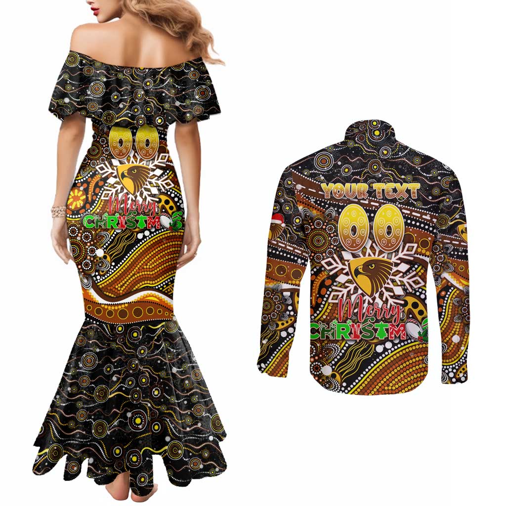 Merry Christmas AFL Hawks Couples Matching Mermaid Dress and Long Sleeve Button Shirt Aboriginal Santa Football Mascot