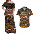 Merry Christmas AFL Hawks Couples Matching Off Shoulder Maxi Dress and Hawaiian Shirt Aboriginal Santa Football Mascot