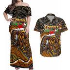 Merry Christmas AFL Hawks Couples Matching Off Shoulder Maxi Dress and Hawaiian Shirt Aboriginal Santa Football Mascot
