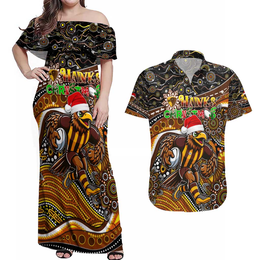 Merry Christmas AFL Hawks Couples Matching Off Shoulder Maxi Dress and Hawaiian Shirt Aboriginal Santa Football Mascot