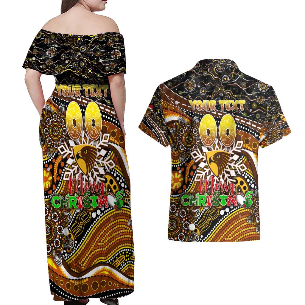 Merry Christmas AFL Hawks Couples Matching Off Shoulder Maxi Dress and Hawaiian Shirt Aboriginal Santa Football Mascot