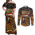 Merry Christmas AFL Hawks Couples Matching Off Shoulder Maxi Dress and Long Sleeve Button Shirt Aboriginal Santa Football Mascot