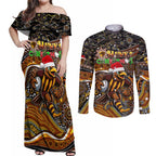 Merry Christmas AFL Hawks Couples Matching Off Shoulder Maxi Dress and Long Sleeve Button Shirt Aboriginal Santa Football Mascot