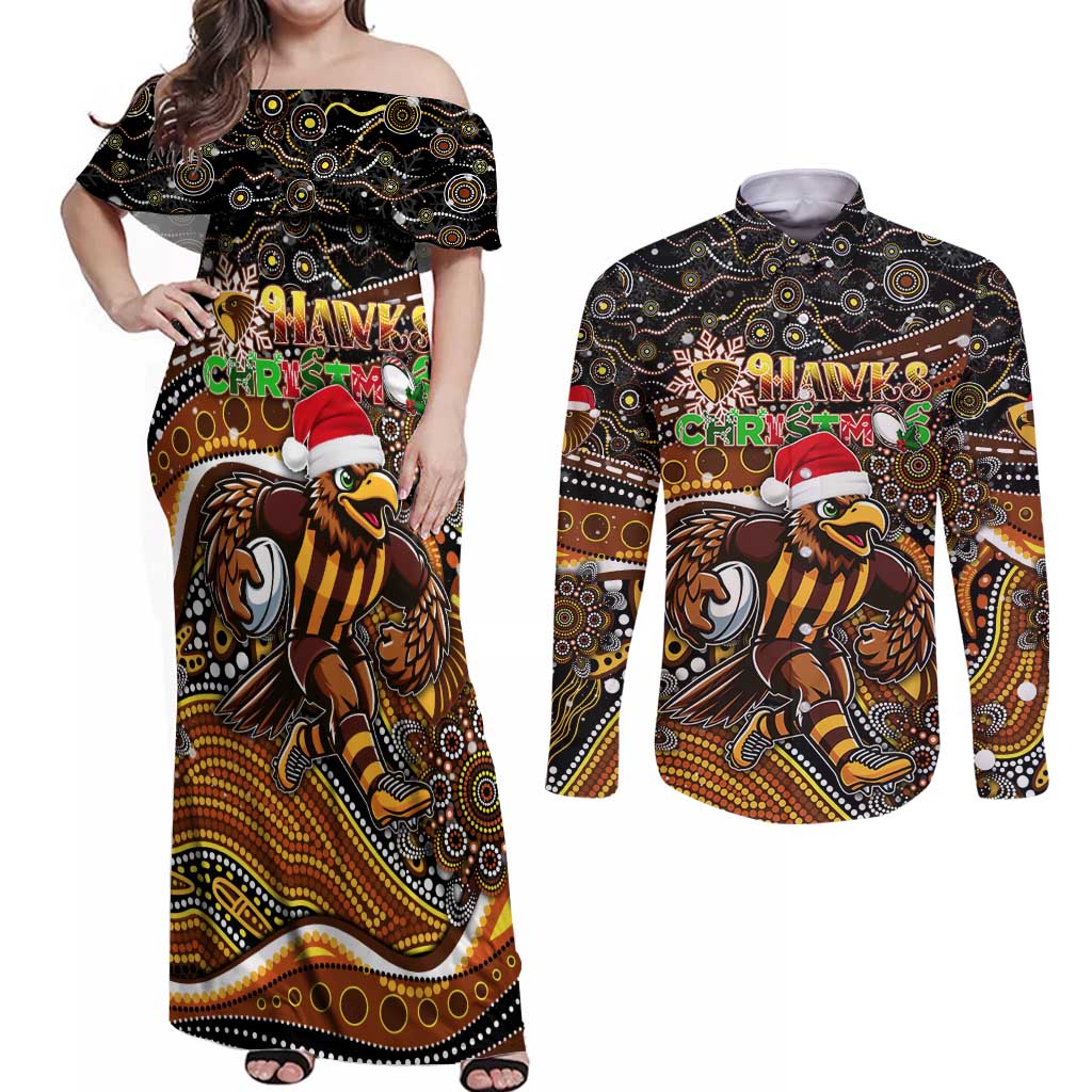 Merry Christmas AFL Hawks Couples Matching Off Shoulder Maxi Dress and Long Sleeve Button Shirt Aboriginal Santa Football Mascot