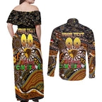 Merry Christmas AFL Hawks Couples Matching Off Shoulder Maxi Dress and Long Sleeve Button Shirt Aboriginal Santa Football Mascot