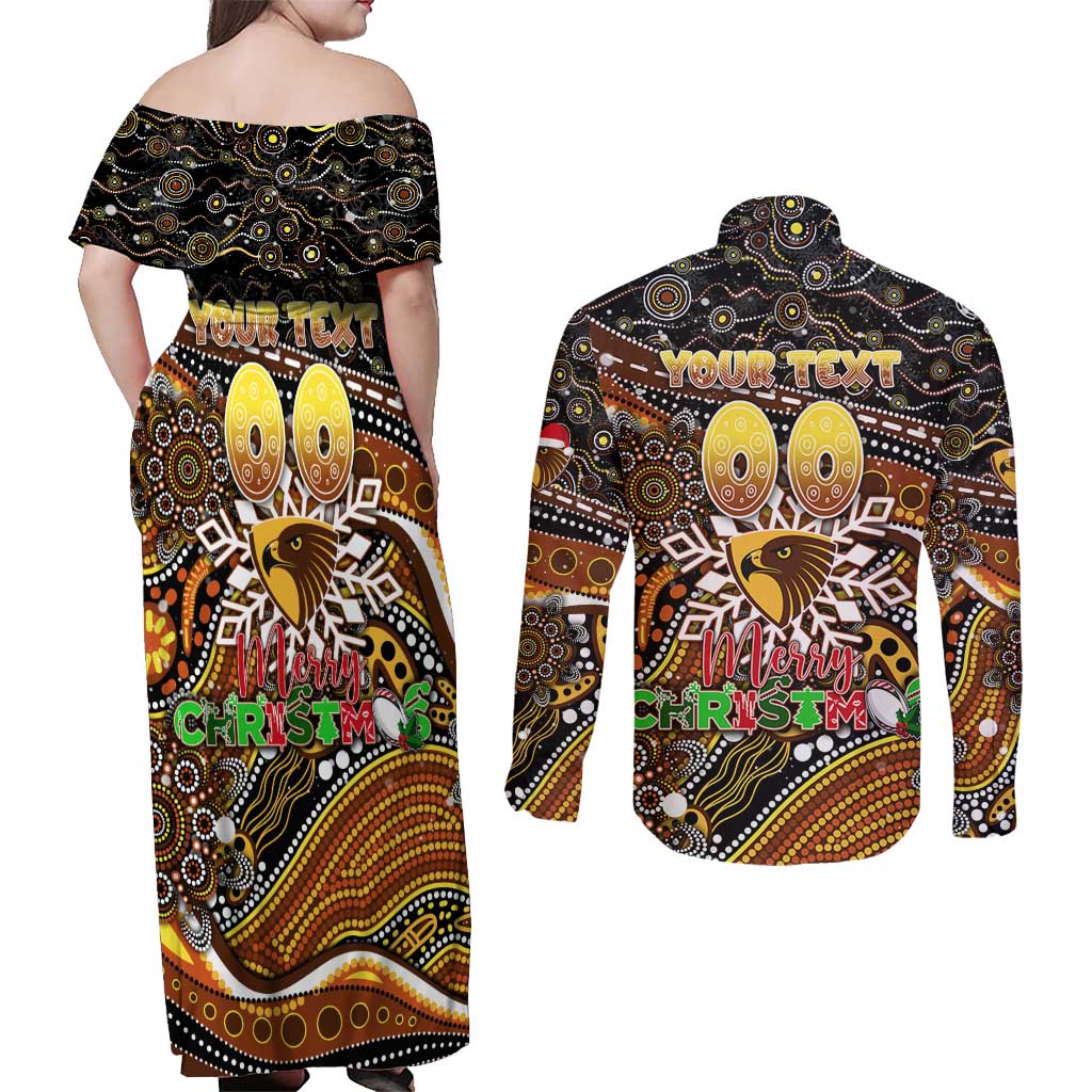 Merry Christmas AFL Hawks Couples Matching Off Shoulder Maxi Dress and Long Sleeve Button Shirt Aboriginal Santa Football Mascot