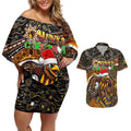 Merry Christmas AFL Hawks Couples Matching Off Shoulder Short Dress and Hawaiian Shirt Aboriginal Santa Football Mascot