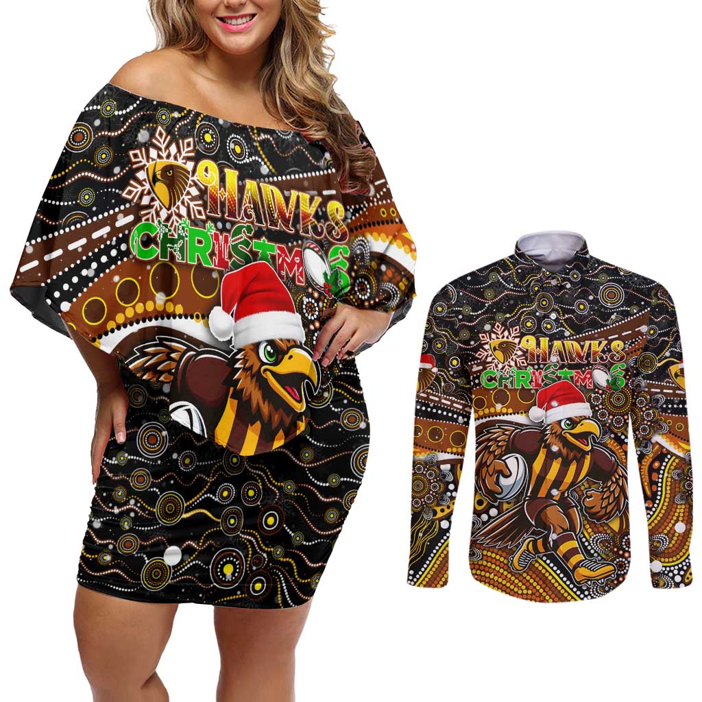 Merry Christmas AFL Hawks Couples Matching Off Shoulder Short Dress and Long Sleeve Button Shirt Aboriginal Santa Football Mascot