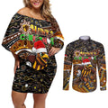 Merry Christmas AFL Hawks Couples Matching Off Shoulder Short Dress and Long Sleeve Button Shirt Aboriginal Santa Football Mascot