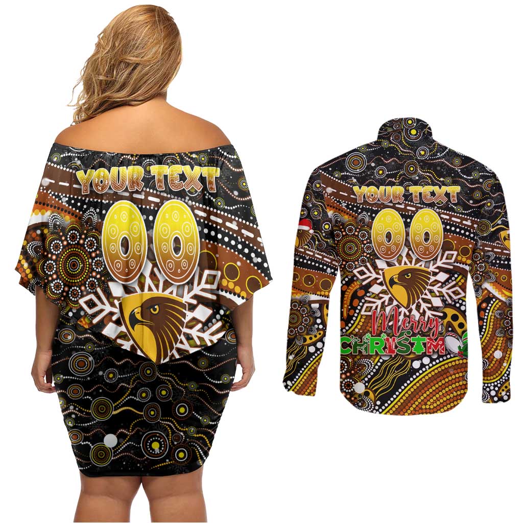 Merry Christmas AFL Hawks Couples Matching Off Shoulder Short Dress and Long Sleeve Button Shirt Aboriginal Santa Football Mascot