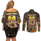 Merry Christmas AFL Hawks Couples Matching Off Shoulder Short Dress and Long Sleeve Button Shirt Aboriginal Santa Football Mascot