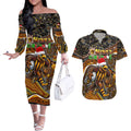 Merry Christmas AFL Hawks Couples Matching Off The Shoulder Long Sleeve Dress and Hawaiian Shirt Aboriginal Santa Football Mascot