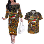 Merry Christmas AFL Hawks Couples Matching Off The Shoulder Long Sleeve Dress and Hawaiian Shirt Aboriginal Santa Football Mascot