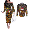 Merry Christmas AFL Hawks Couples Matching Off The Shoulder Long Sleeve Dress and Long Sleeve Button Shirt Aboriginal Santa Football Mascot