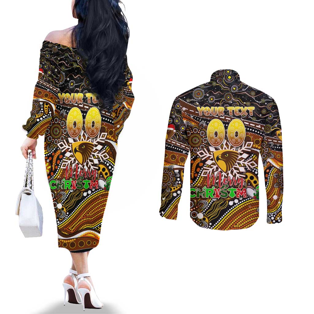 Merry Christmas AFL Hawks Couples Matching Off The Shoulder Long Sleeve Dress and Long Sleeve Button Shirt Aboriginal Santa Football Mascot