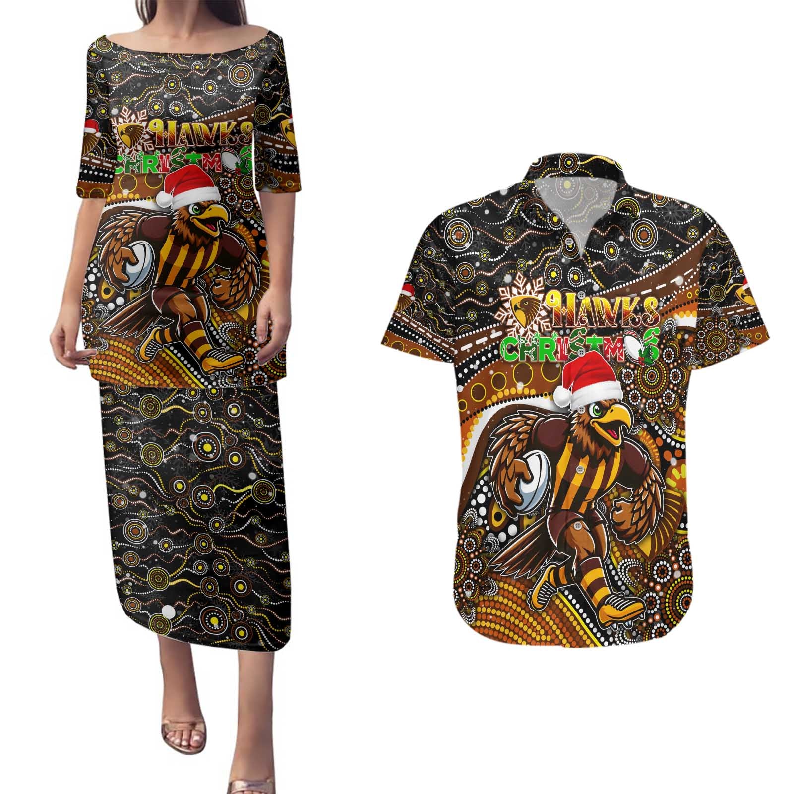 Merry Christmas AFL Hawks Couples Matching Puletasi and Hawaiian Shirt Aboriginal Santa Football Mascot