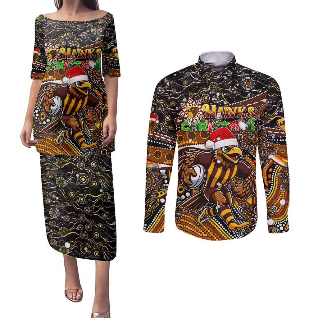 Merry Christmas AFL Hawks Couples Matching Puletasi and Long Sleeve Button Shirt Aboriginal Santa Football Mascot