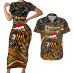 Merry Christmas AFL Hawks Couples Matching Short Sleeve Bodycon Dress and Hawaiian Shirt Aboriginal Santa Football Mascot