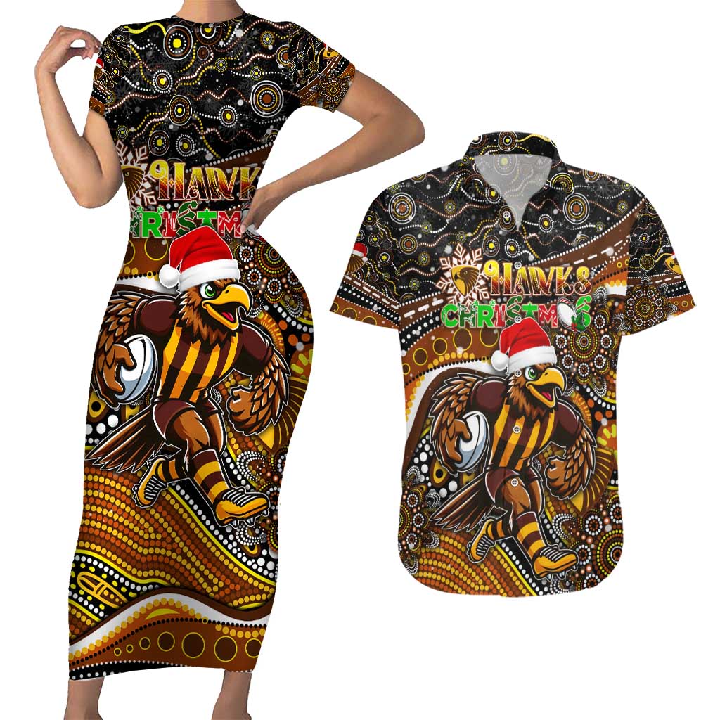 Merry Christmas AFL Hawks Couples Matching Short Sleeve Bodycon Dress and Hawaiian Shirt Aboriginal Santa Football Mascot
