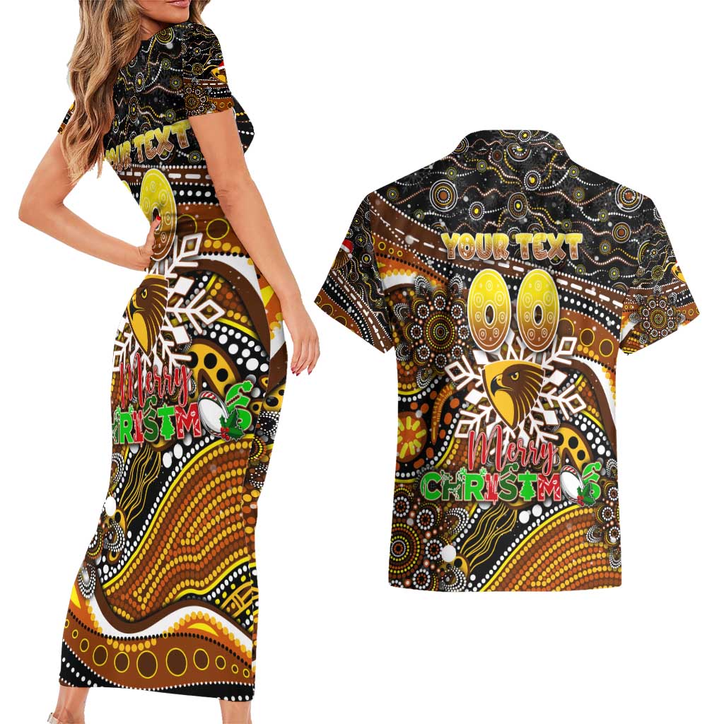 Merry Christmas AFL Hawks Couples Matching Short Sleeve Bodycon Dress and Hawaiian Shirt Aboriginal Santa Football Mascot