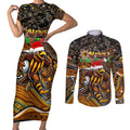 Merry Christmas AFL Hawks Couples Matching Short Sleeve Bodycon Dress and Long Sleeve Button Shirt Aboriginal Santa Football Mascot
