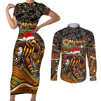Merry Christmas AFL Hawks Couples Matching Short Sleeve Bodycon Dress and Long Sleeve Button Shirt Aboriginal Santa Football Mascot