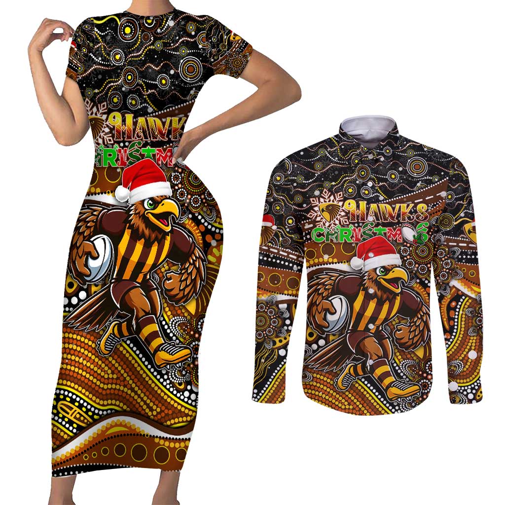 Merry Christmas AFL Hawks Couples Matching Short Sleeve Bodycon Dress and Long Sleeve Button Shirt Aboriginal Santa Football Mascot