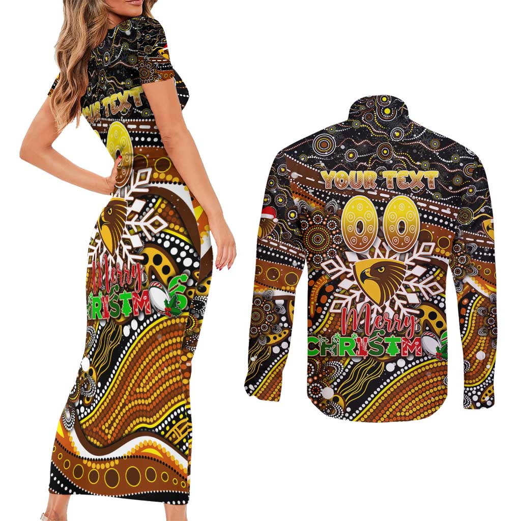 Merry Christmas AFL Hawks Couples Matching Short Sleeve Bodycon Dress and Long Sleeve Button Shirt Aboriginal Santa Football Mascot