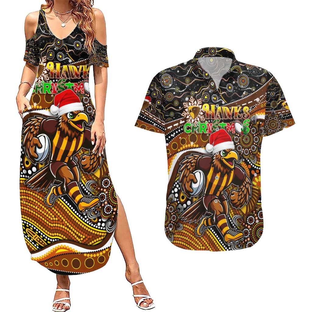 Merry Christmas AFL Hawks Couples Matching Summer Maxi Dress and Hawaiian Shirt Aboriginal Santa Football Mascot