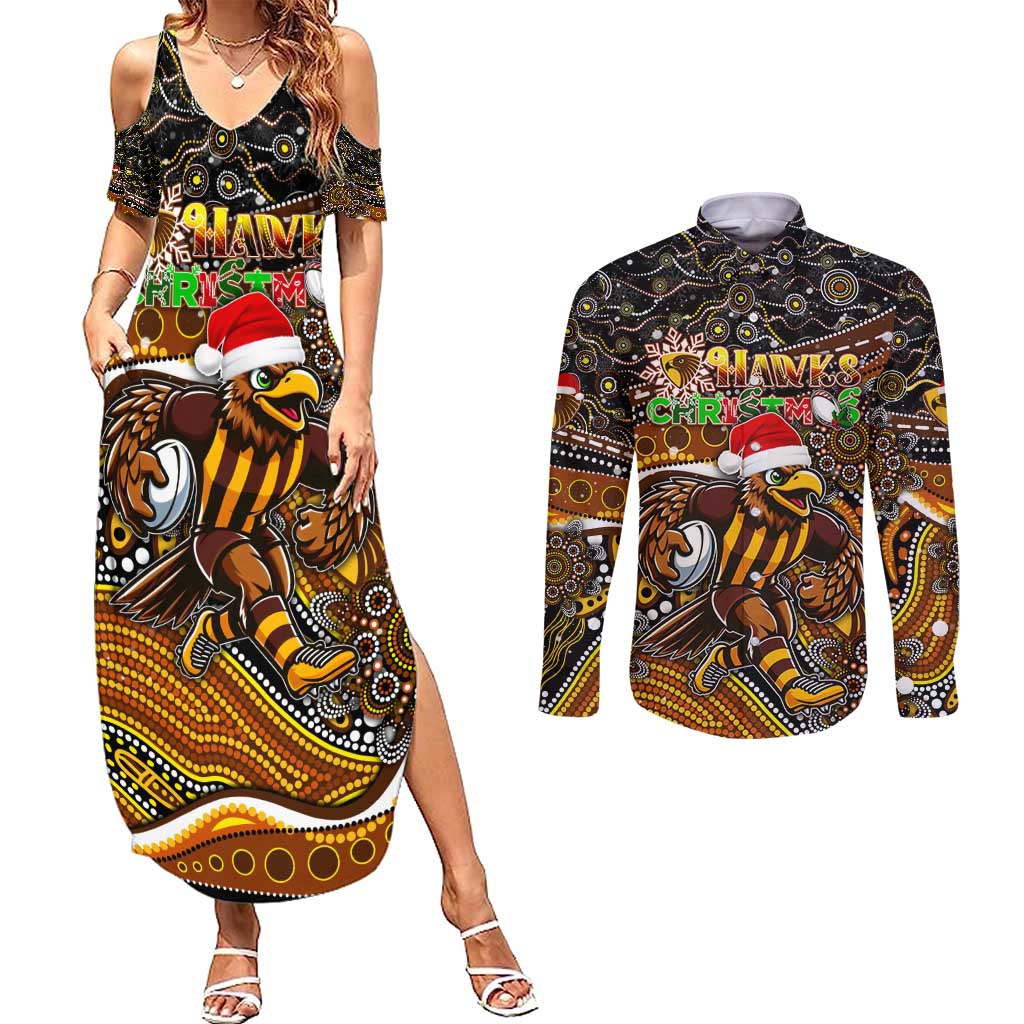 Merry Christmas AFL Hawks Couples Matching Summer Maxi Dress and Long Sleeve Button Shirt Aboriginal Santa Football Mascot