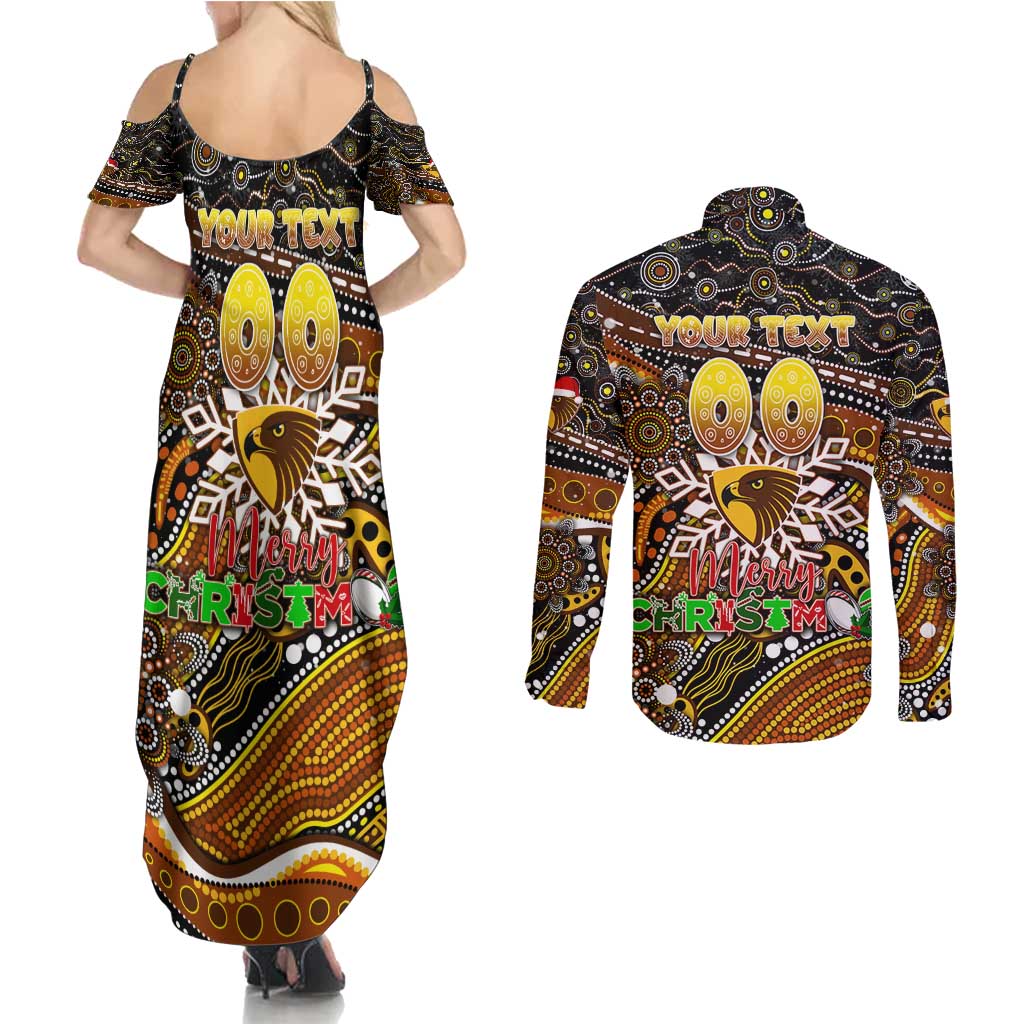 Merry Christmas AFL Hawks Couples Matching Summer Maxi Dress and Long Sleeve Button Shirt Aboriginal Santa Football Mascot