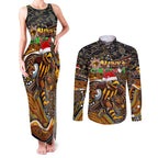Merry Christmas AFL Hawks Couples Matching Tank Maxi Dress and Long Sleeve Button Shirt Aboriginal Santa Football Mascot